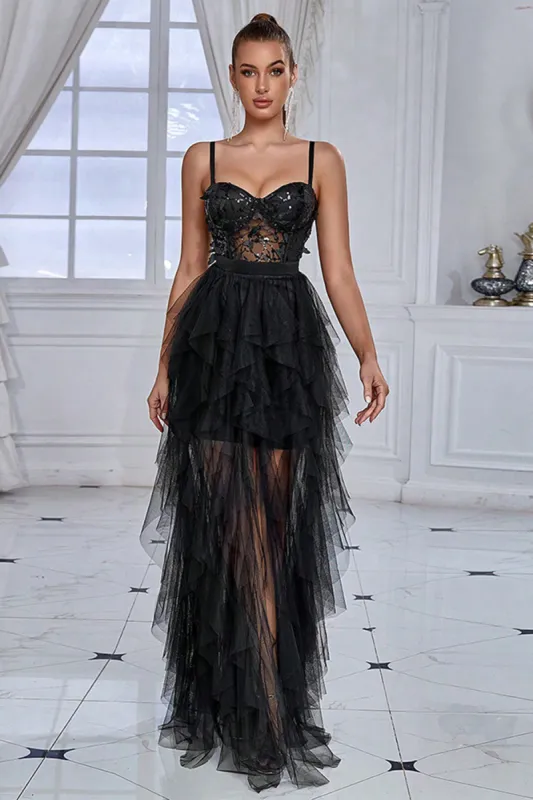 Black Spaghetti Straps A Line Prom Dress with Slit sold by Zapaka