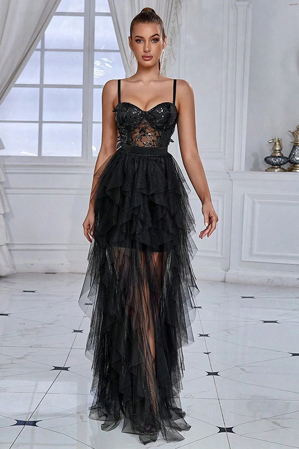 Black Spaghetti Straps A Line Prom Dress with Slit sold by Zapaka