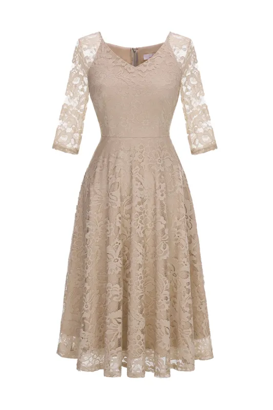 Champagne 3/4 Sleeves Lace Party Dress sold by Zapaka