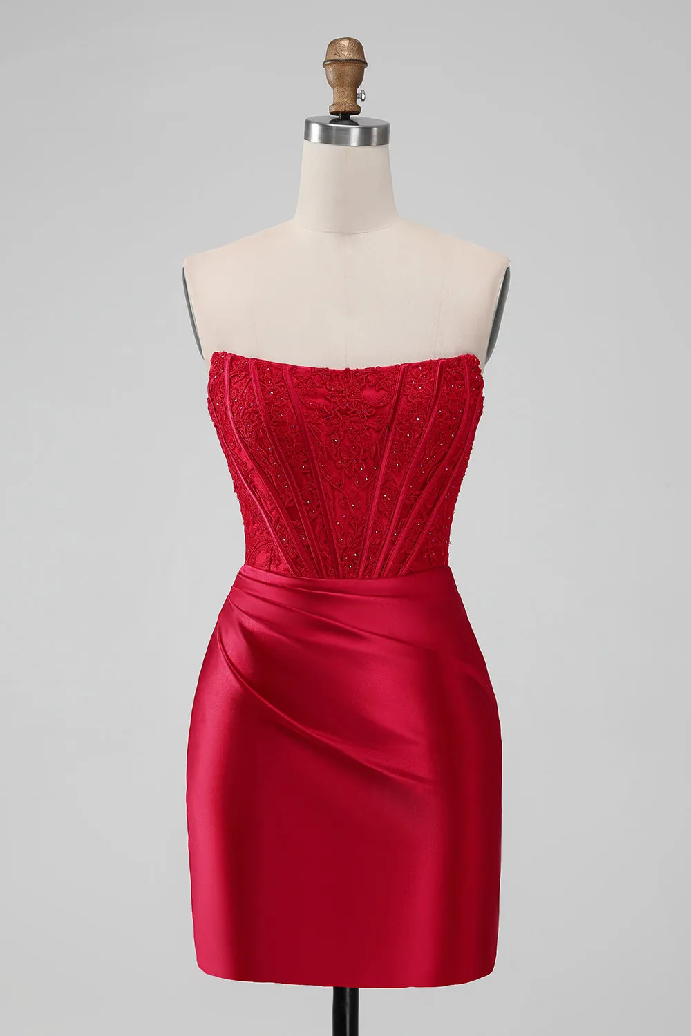 Sparkly Red Strapless Bodycon Short Homecoming Dress with Lace sold by Zapaka