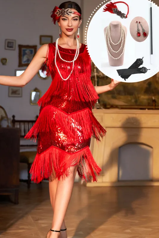 Sparkly Red Sequined Fringed 1920s Gatsby Dress with 20s Accessories sold by Zapaka