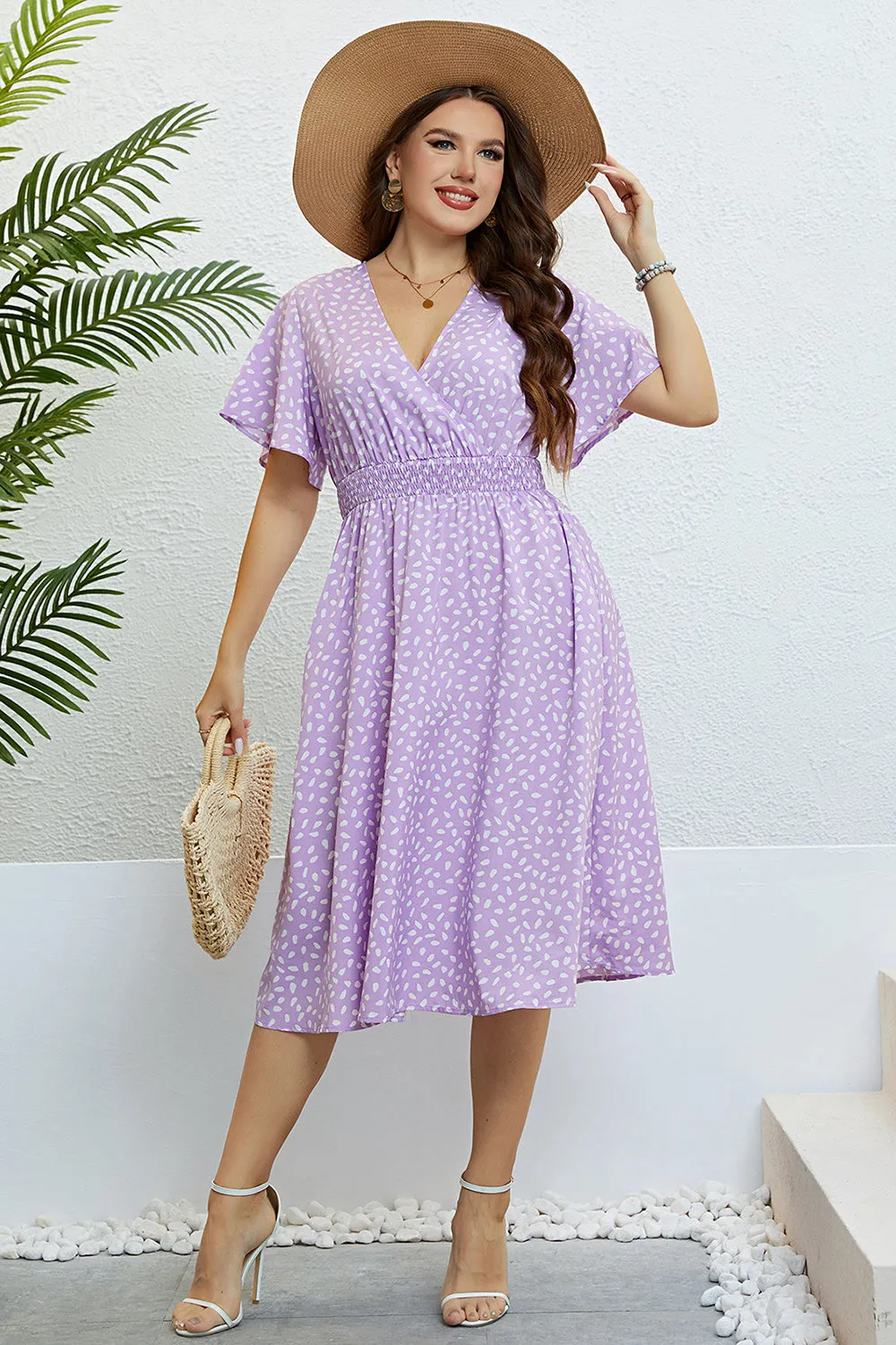 Lilac Plus Size V Neck Summer Dress With Short Sleeves sold by Zapaka
