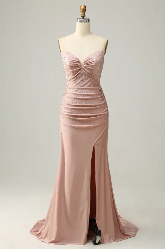 Mermaid Spaghetti Straps Blush Long Formal Dress with Beading sold by Zapaka