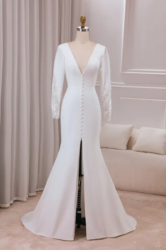 Ivory Deep V-neck Long Sleeves Crepe and Lace Mermaid Bridal Dress sold by Zapaka