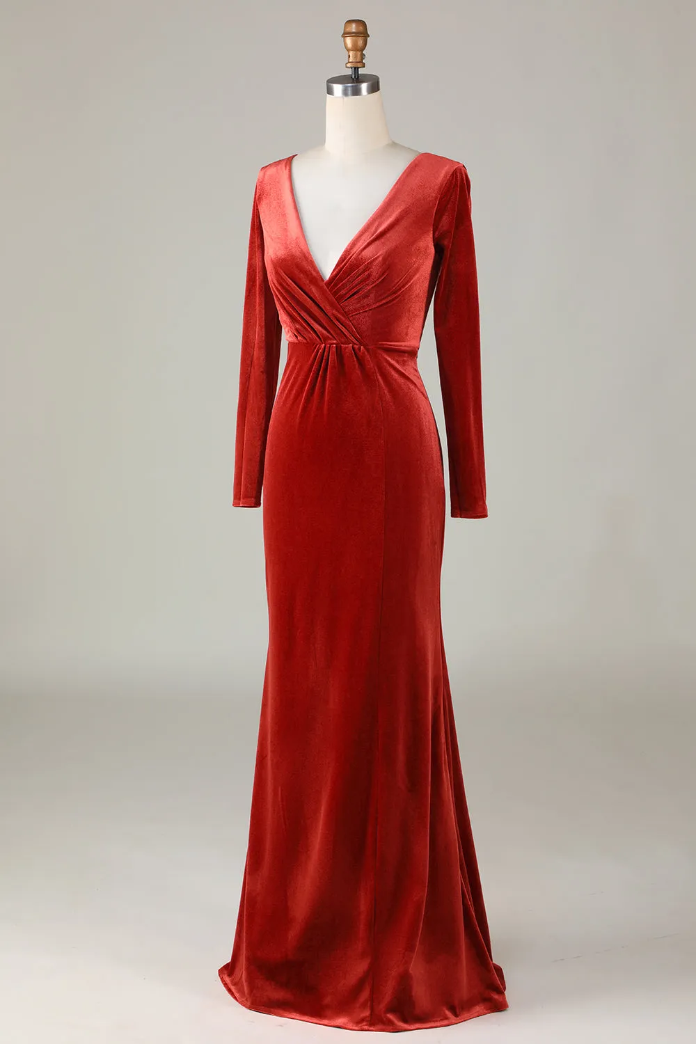 Velvet Mermaid Terracotta Bridesmaid Dress with Long Sleeves sold by Zapaka product image thumbnail 3