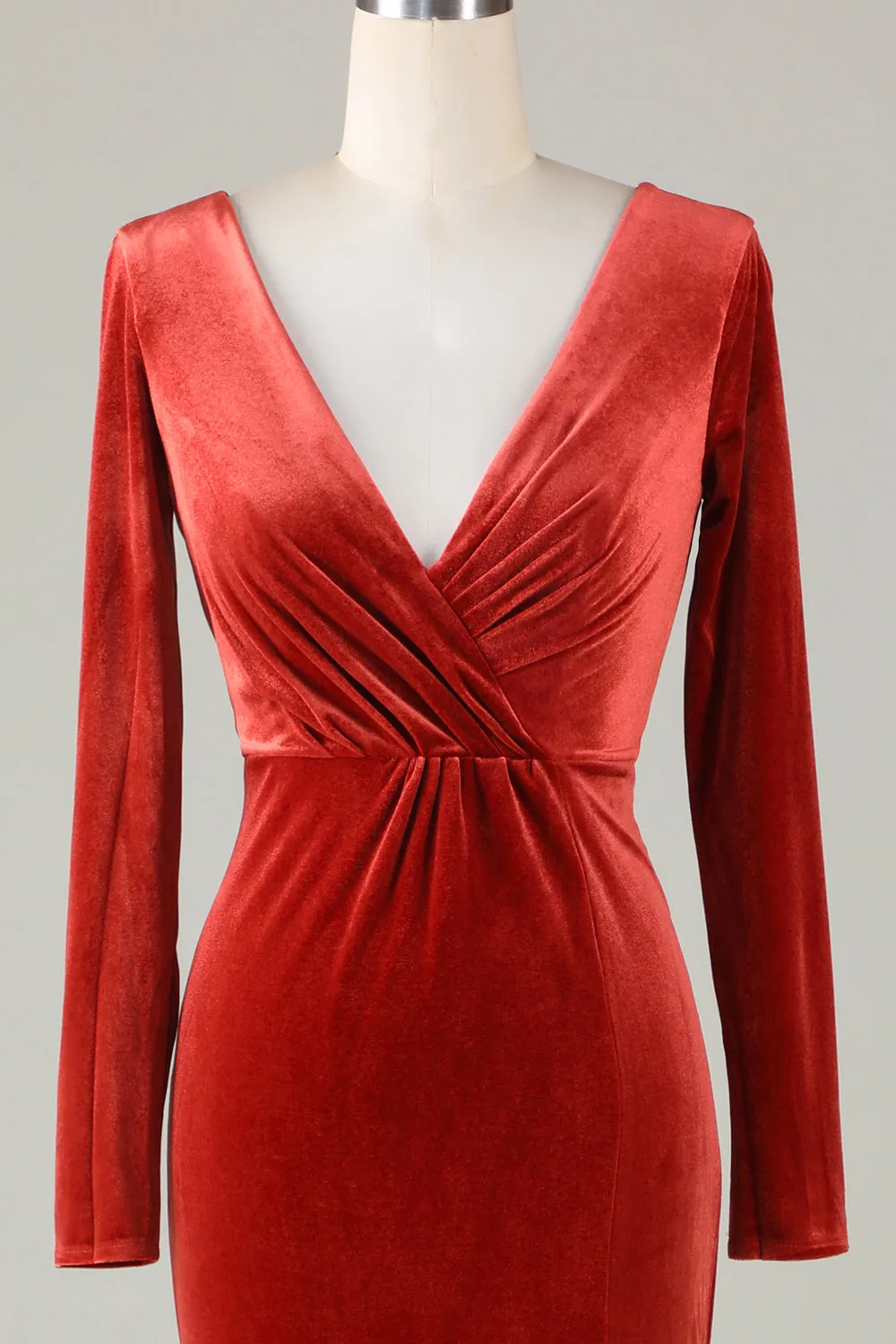 Velvet Mermaid Terracotta Bridesmaid Dress with Long Sleeves sold by Zapaka product image thumbnail 4