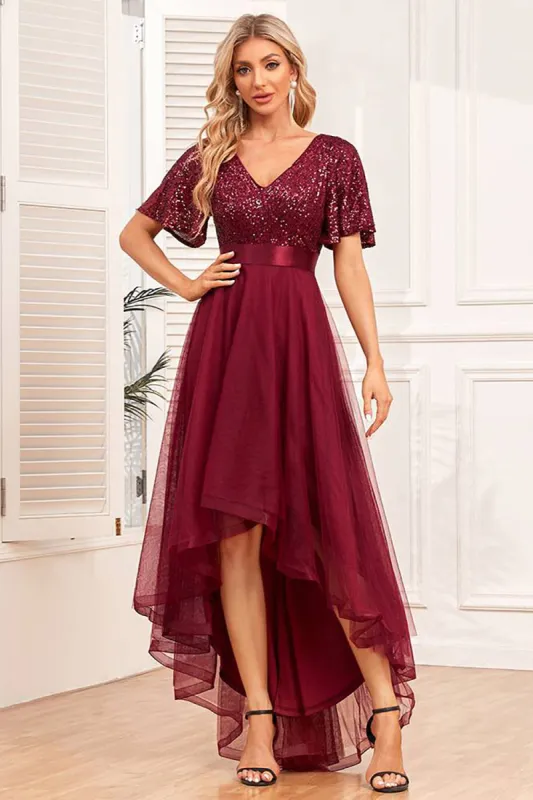 Burgundy High-low A-line Formal Dress with Sequins sold by Zapaka