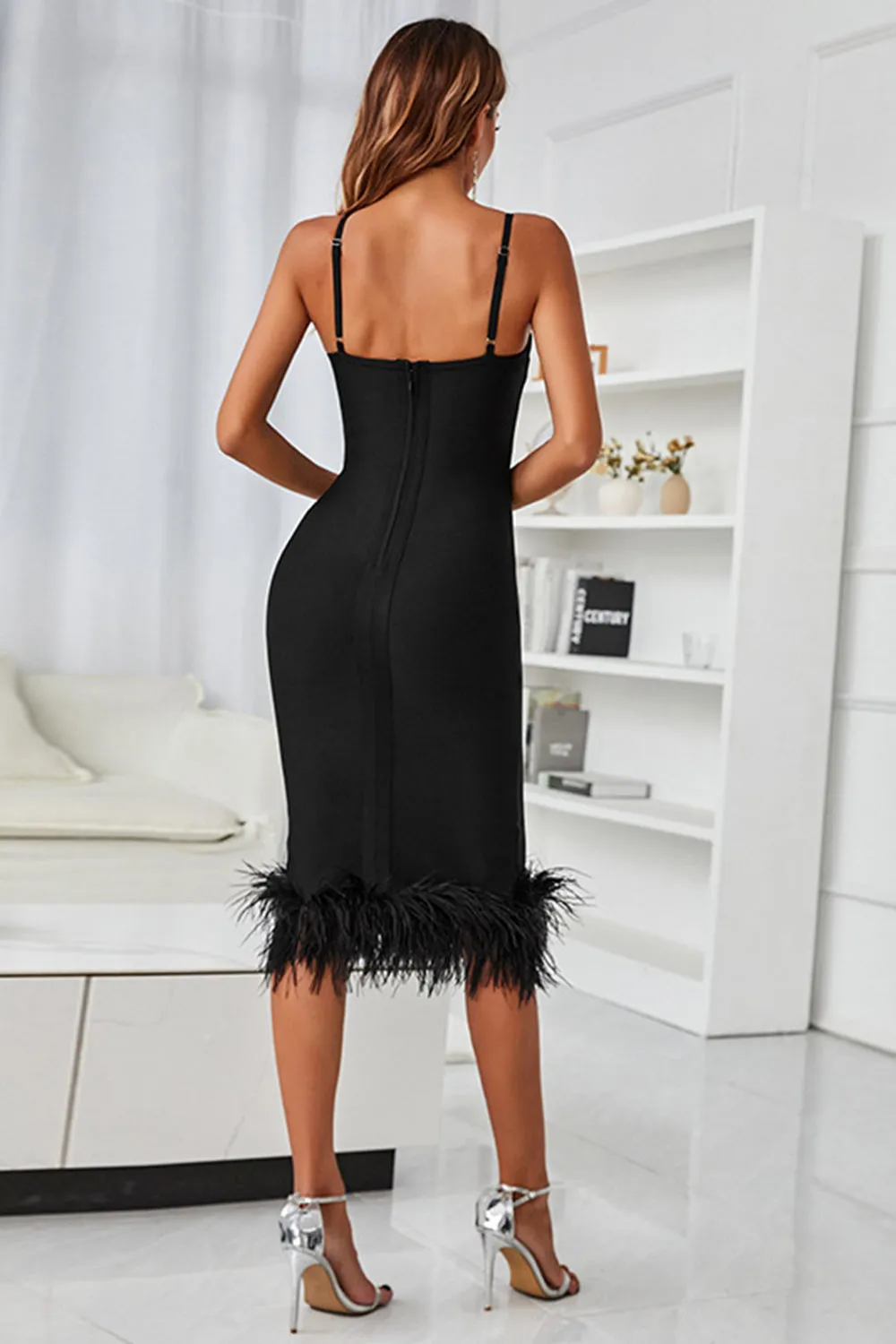 Black Midi Bodycon Party Dress with Feathers sold by Zapaka product image thumbnail 2