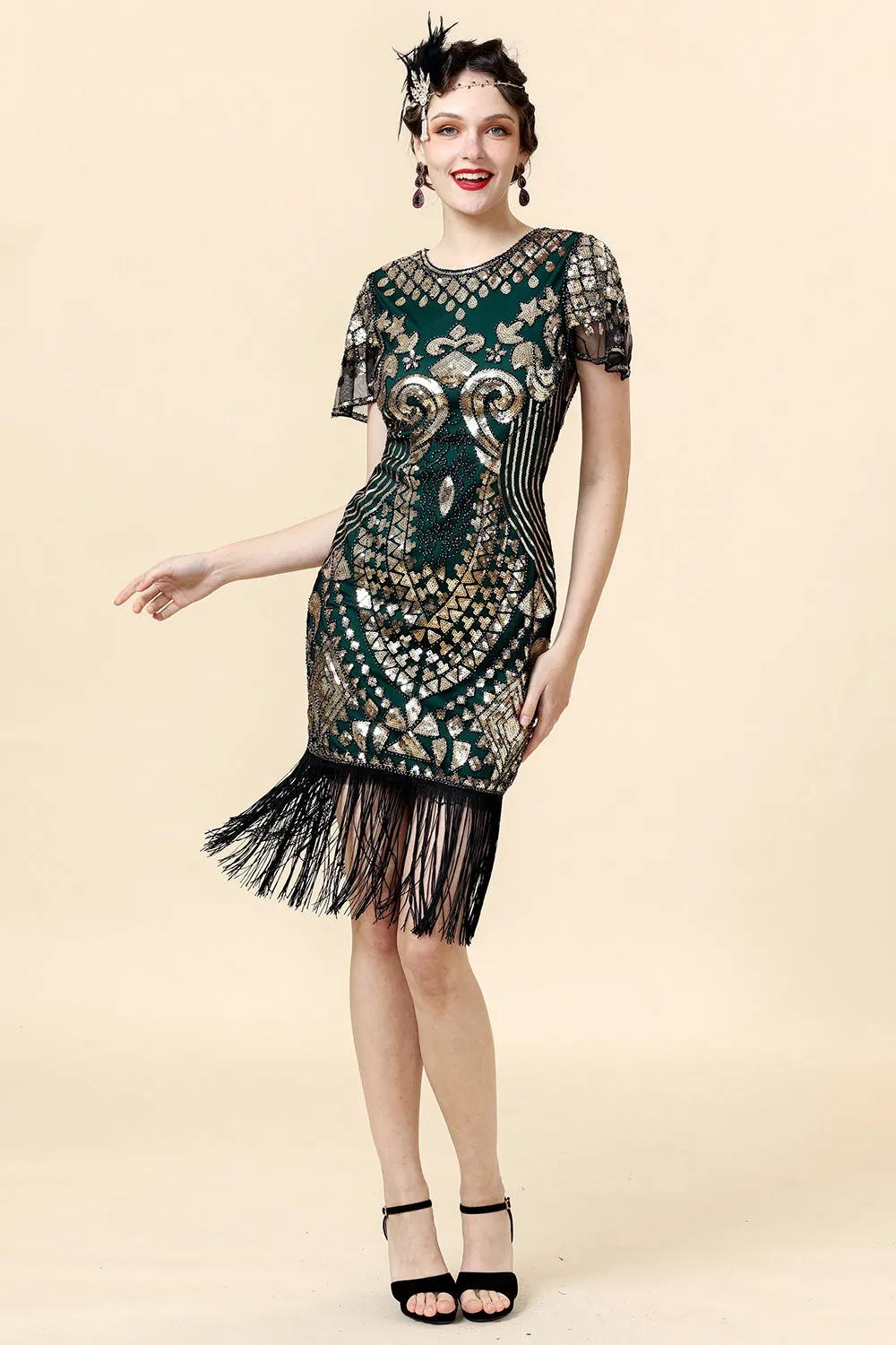 Sequins Green Glitter Flapper Dress with 1920s Accessories Set sold by Zapaka product image thumbnail 2