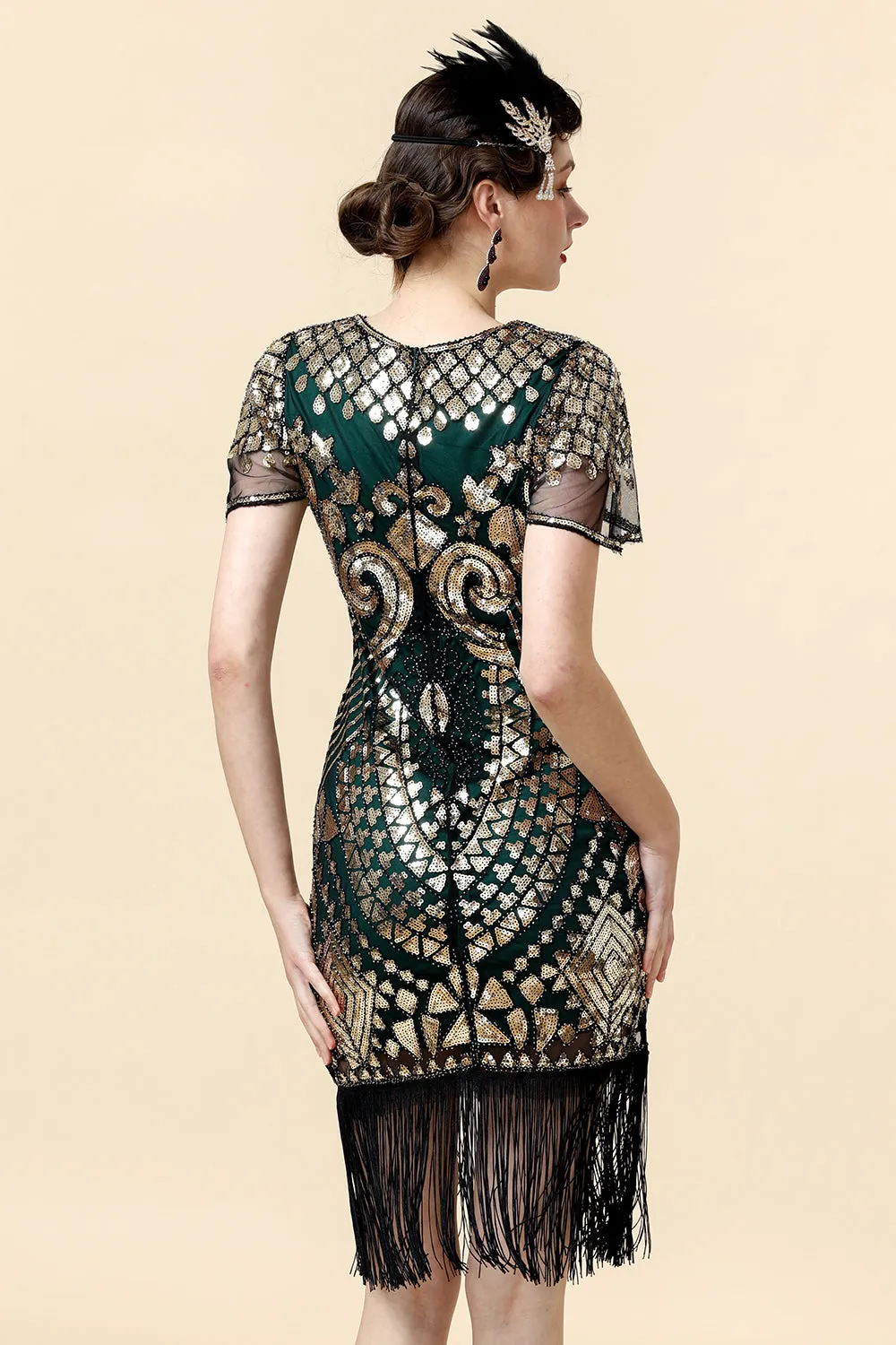 Sequins Green Glitter Flapper Dress with 1920s Accessories Set sold by Zapaka product image thumbnail 3