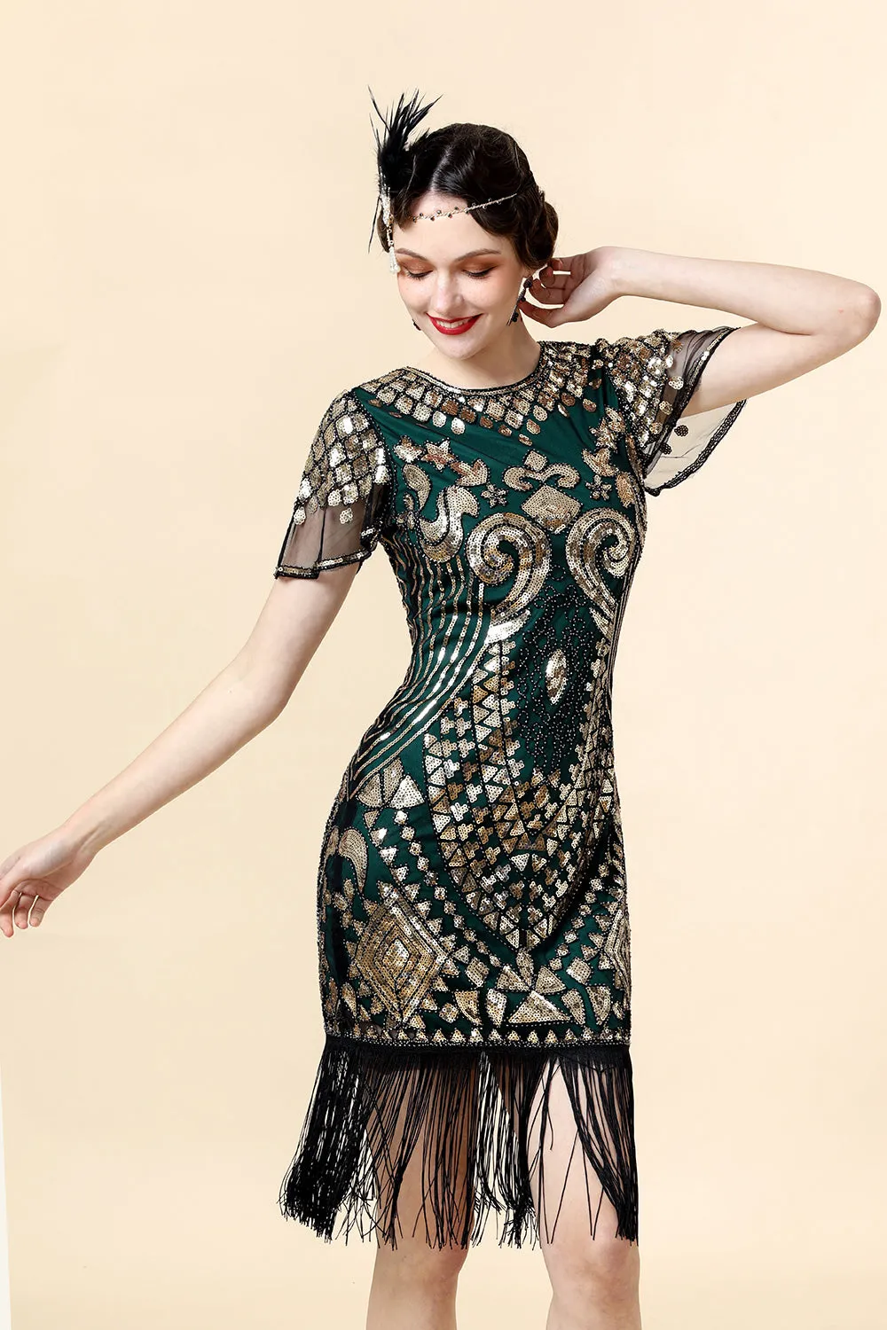 Sequins Green Glitter Flapper Dress with 1920s Accessories Set sold by Zapaka product image thumbnail 4