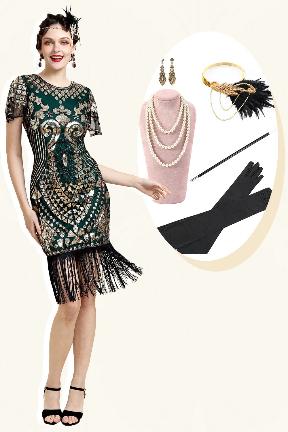Sequins Green Glitter Flapper Dress with 1920s Accessories Set sold by Zapaka