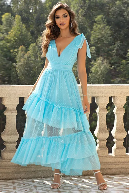 Sky Blue A-Line V Neck Tulle Prom Dress with Ruffles sold by Zapaka