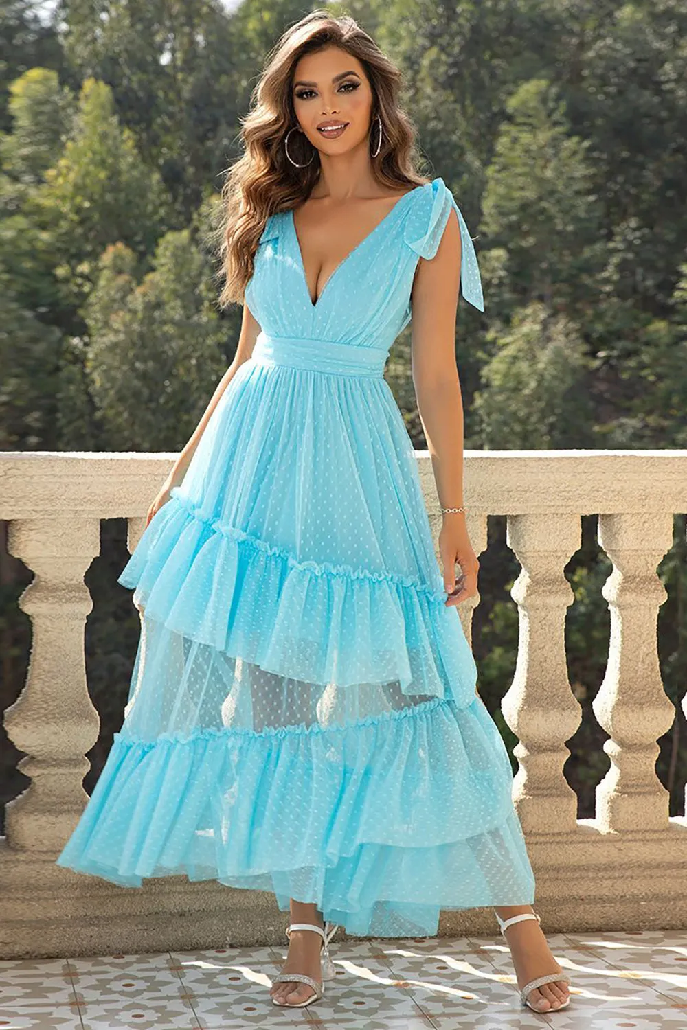 Sky Blue A-Line V Neck Tulle Prom Dress with Ruffles sold by Zapaka