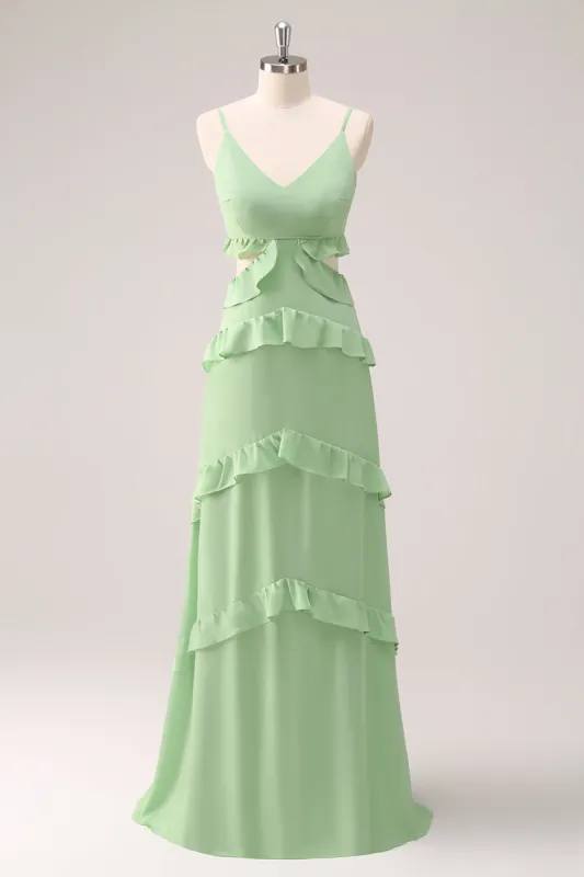 Light Green Spaghetti Straps Hollow Out Long Bridesmaid Dress with Slit sold by Zapaka