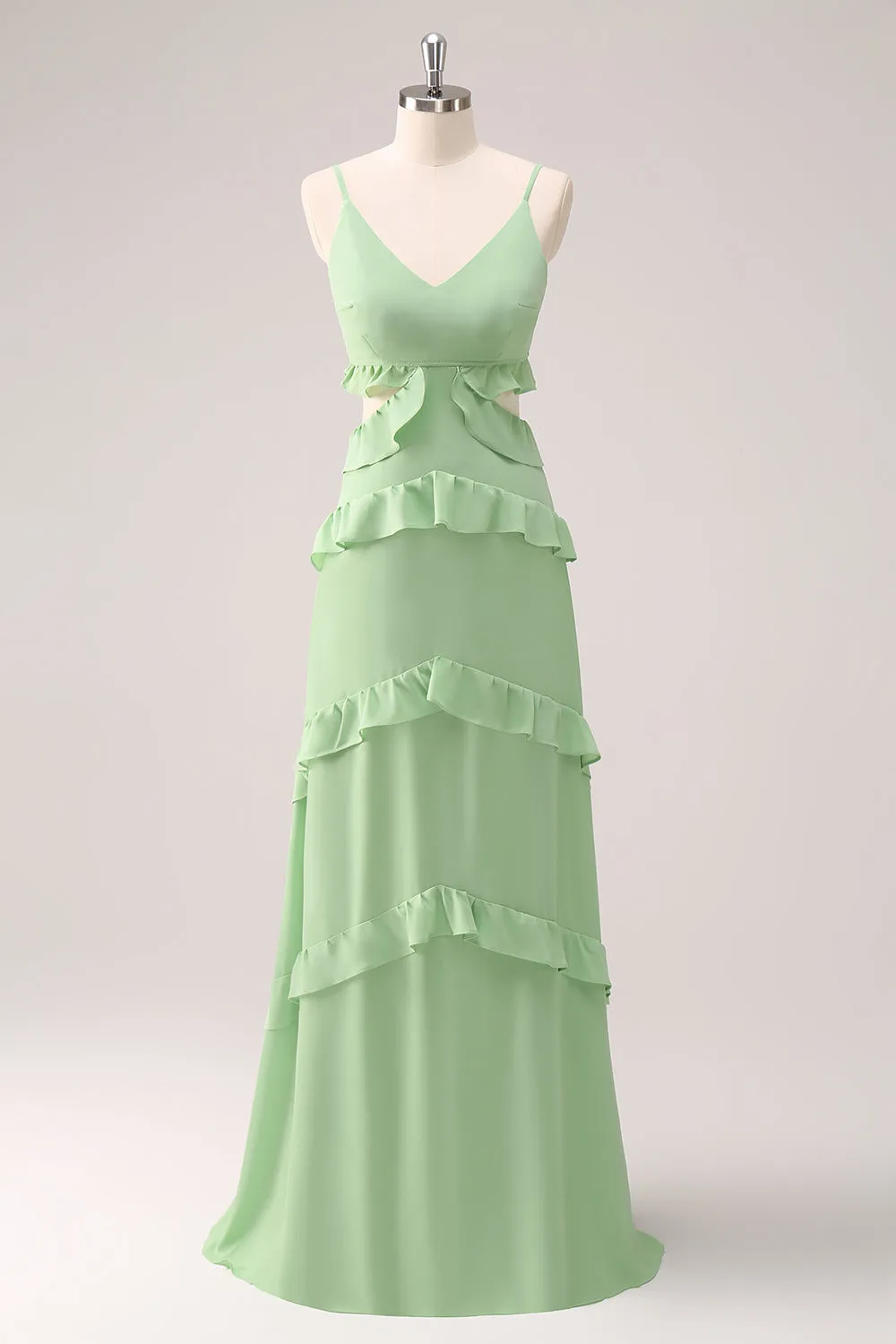 Light Green Spaghetti Straps Hollow Out Long Bridesmaid Dress with Slit sold by Zapaka