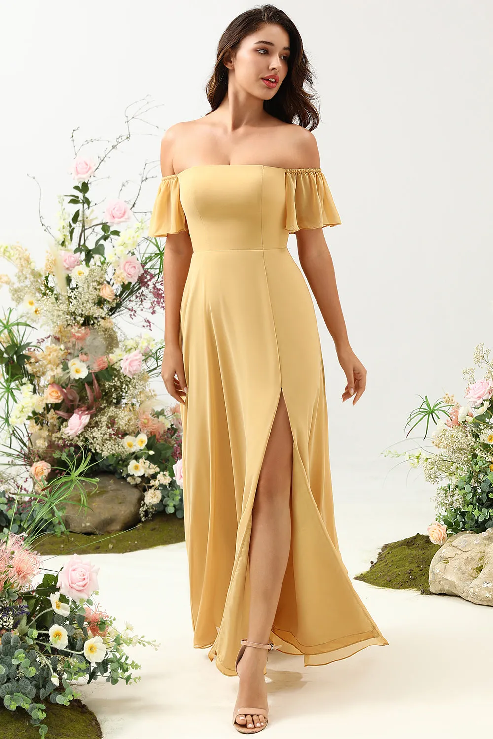 A Line Off the Shoulder Yellow Long Bridesmaid Dress sold by Zapaka product image thumbnail 3