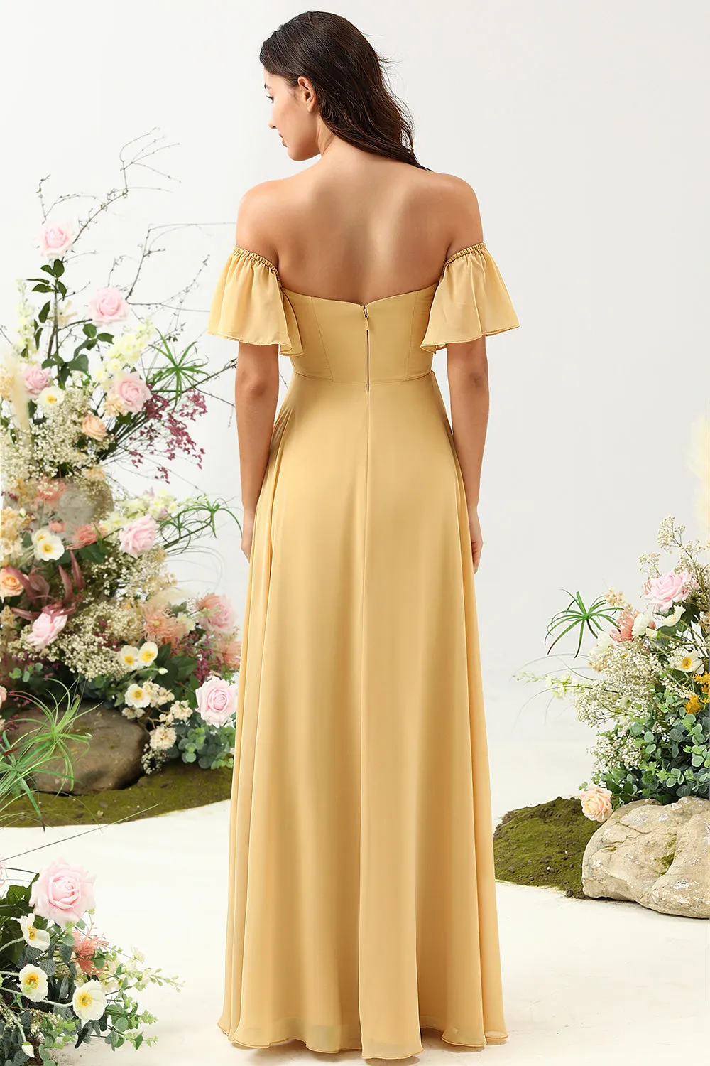 A Line Off the Shoulder Yellow Long Bridesmaid Dress sold by Zapaka product image thumbnail 2