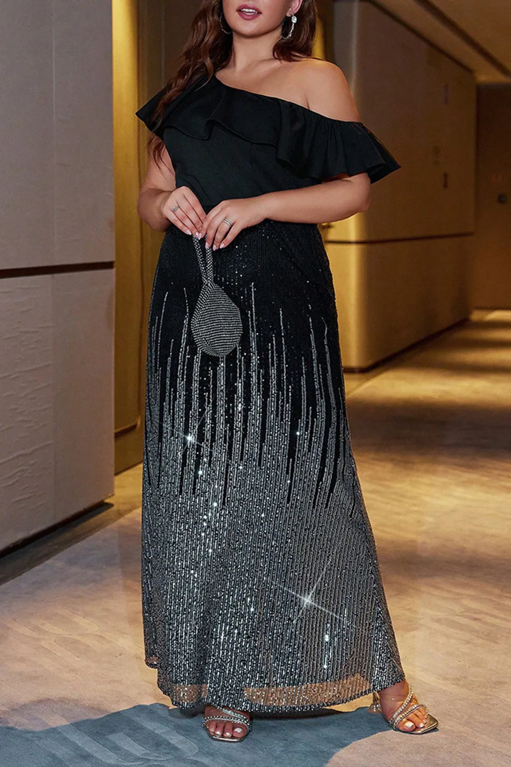 Sparkly Black A Line One Shoulder Long Party Dress sold by Zapaka product image thumbnail 5