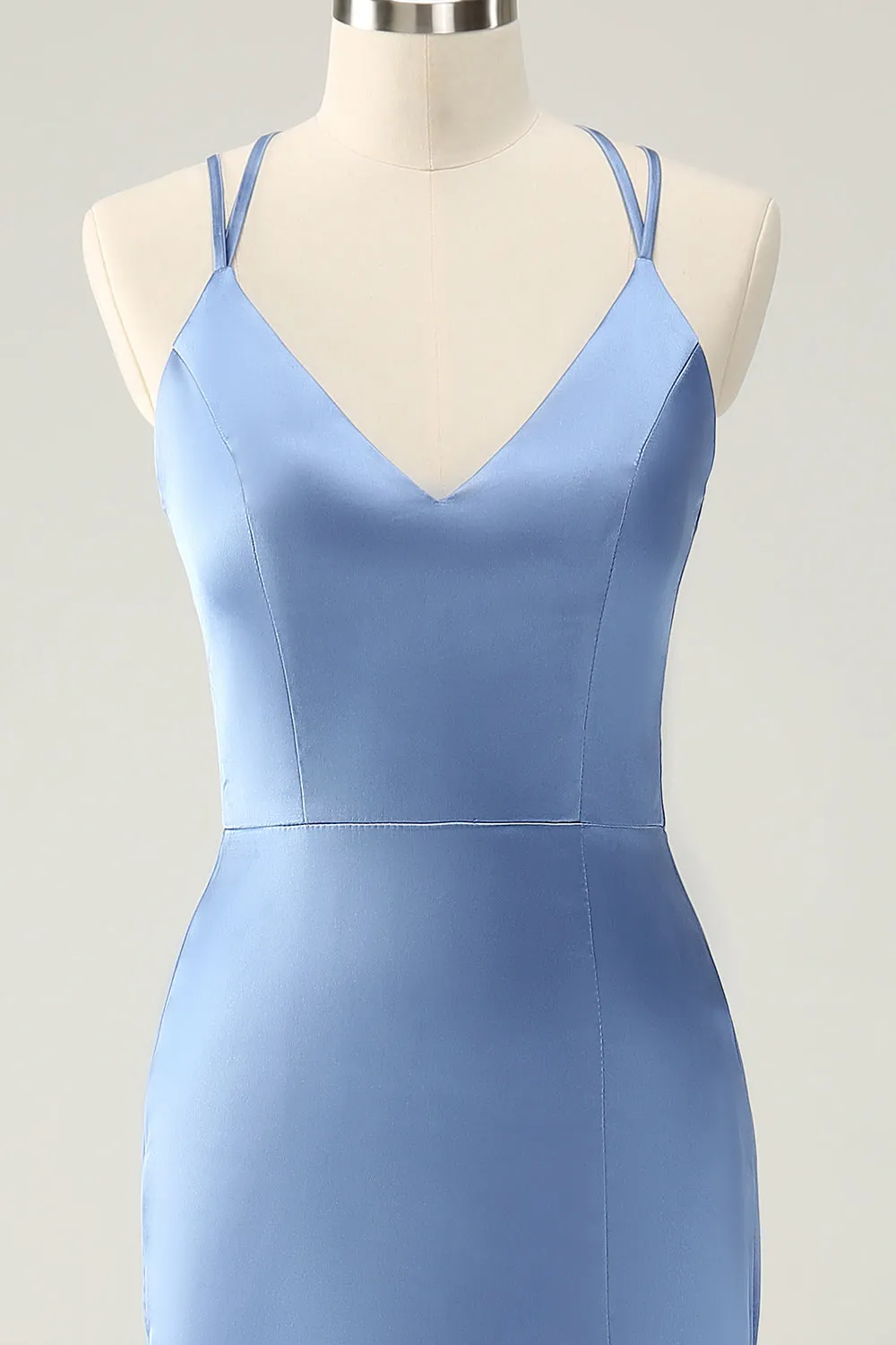 Blue Mermaid Spaghetti Straps Satin Bridesmaid Dress with Slit sold by Zapaka product image thumbnail 4