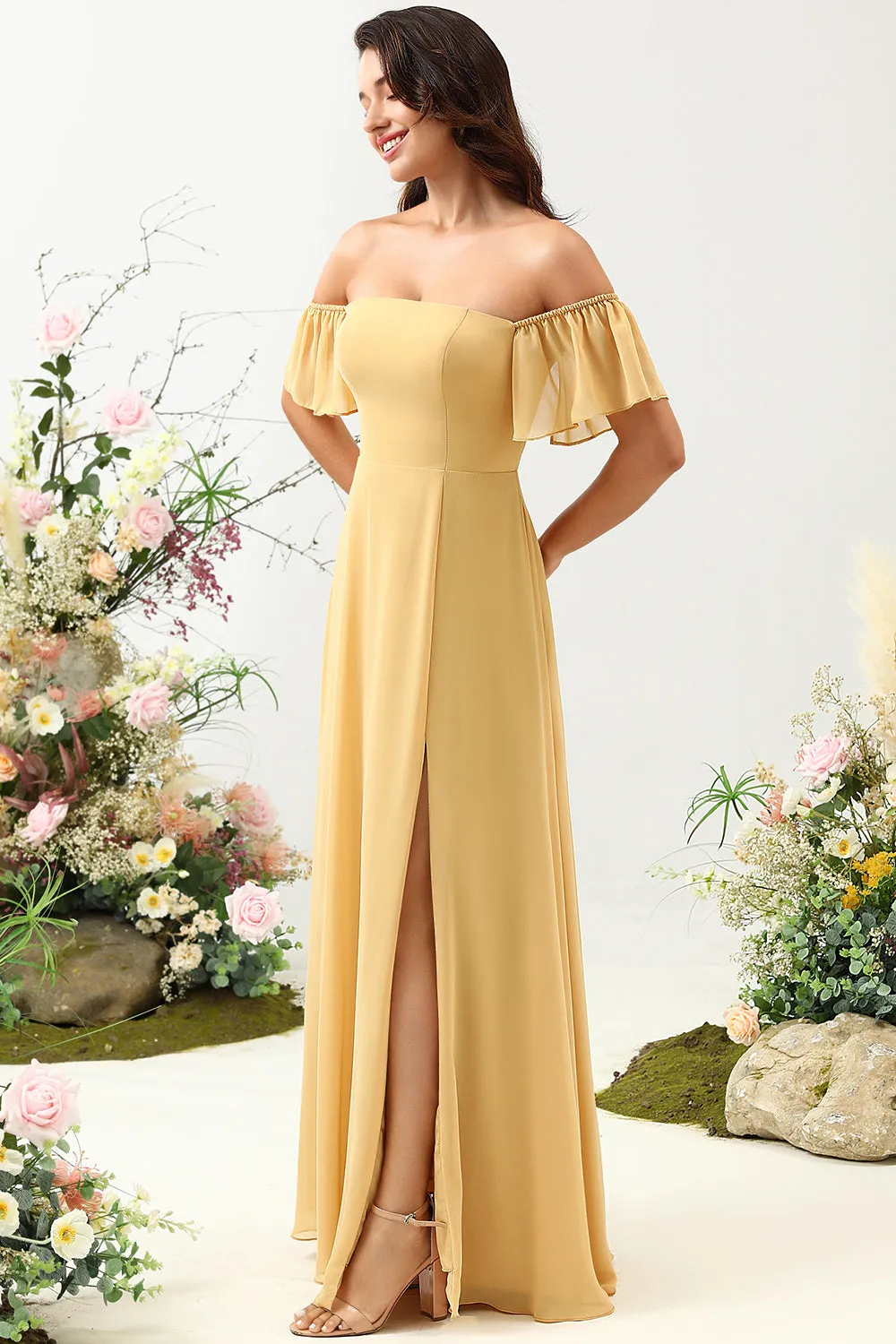A Line Off the Shoulder Yellow Long Bridesmaid Dress sold by Zapaka product image thumbnail 5