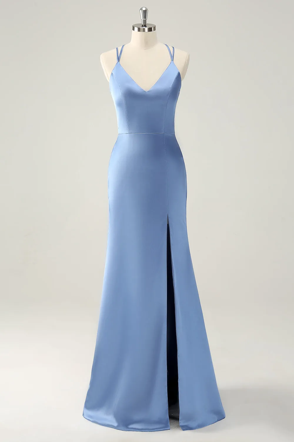 Blue Mermaid Spaghetti Straps Satin Bridesmaid Dress with Slit sold by Zapaka