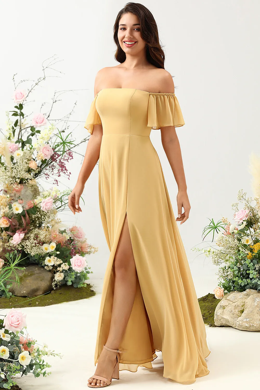 A Line Off the Shoulder Yellow Long Bridesmaid Dress sold by Zapaka product image thumbnail 4