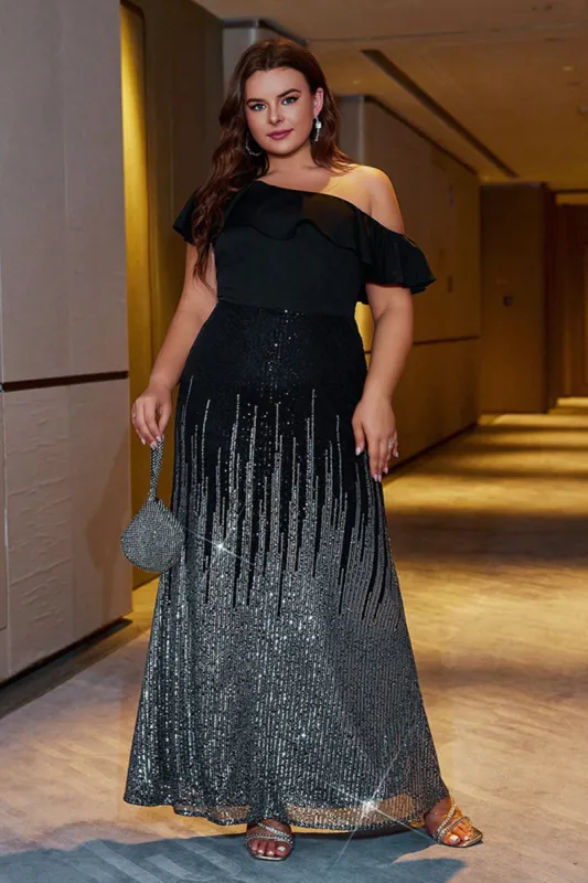 Sparkly Black A Line One Shoulder Long Party Dress sold by Zapaka
