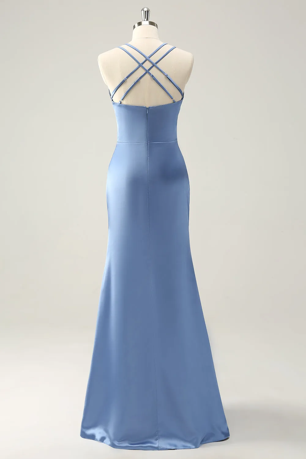 Blue Mermaid Spaghetti Straps Satin Bridesmaid Dress with Slit sold by Zapaka product image thumbnail 2