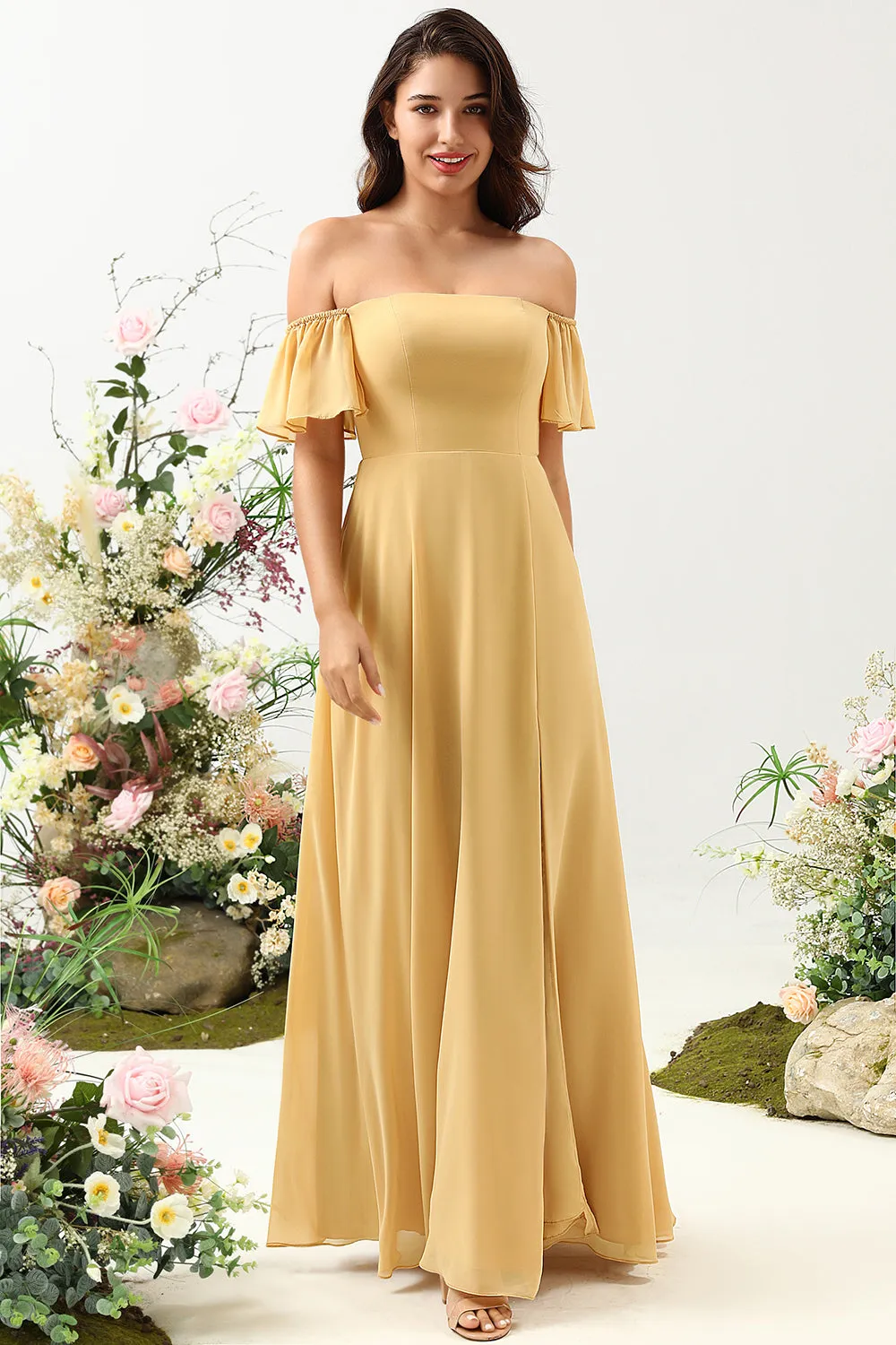 A Line Off the Shoulder Yellow Long Bridesmaid Dress sold by Zapaka