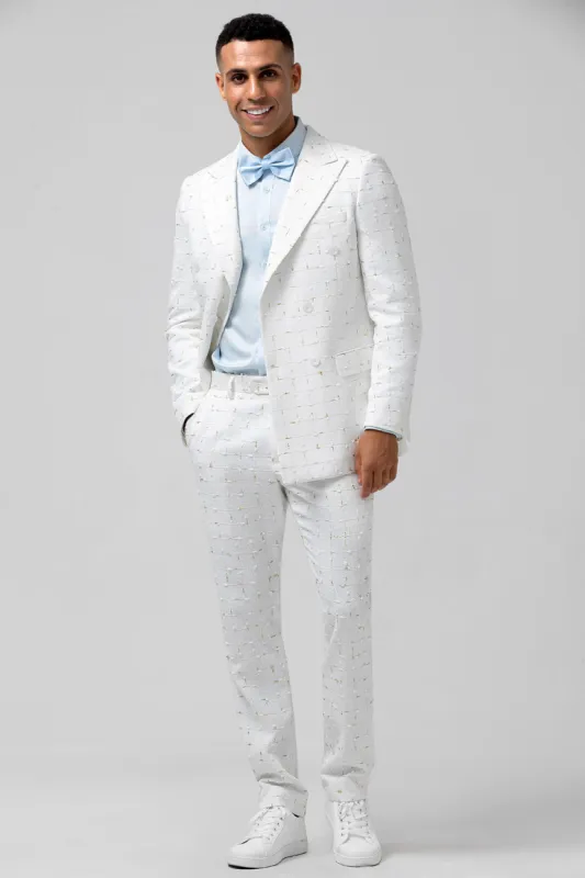 White Plaid Single Breasted Peak Lapel 2 Piece Men's Wedding Suits sold by Zapaka