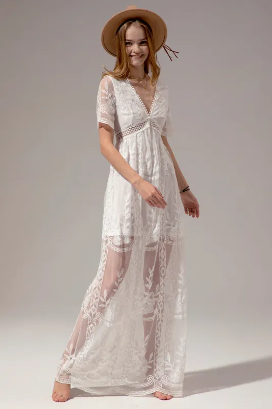 White Lace Summer Boho Maxi Dress sold by Zapaka