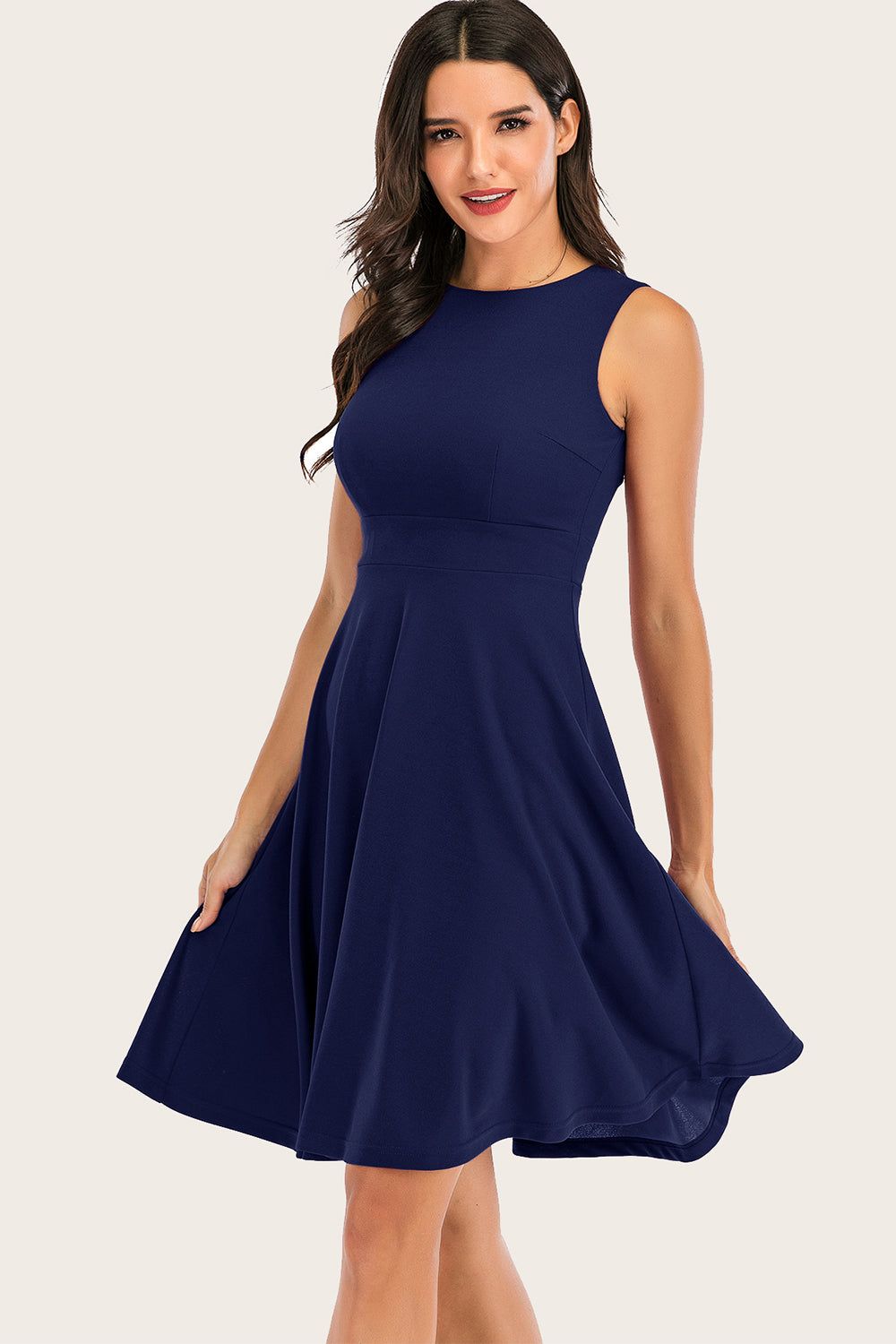 Navy Solid Sleeveless 1950s Swing Dress sold by Zapaka product image thumbnail 3