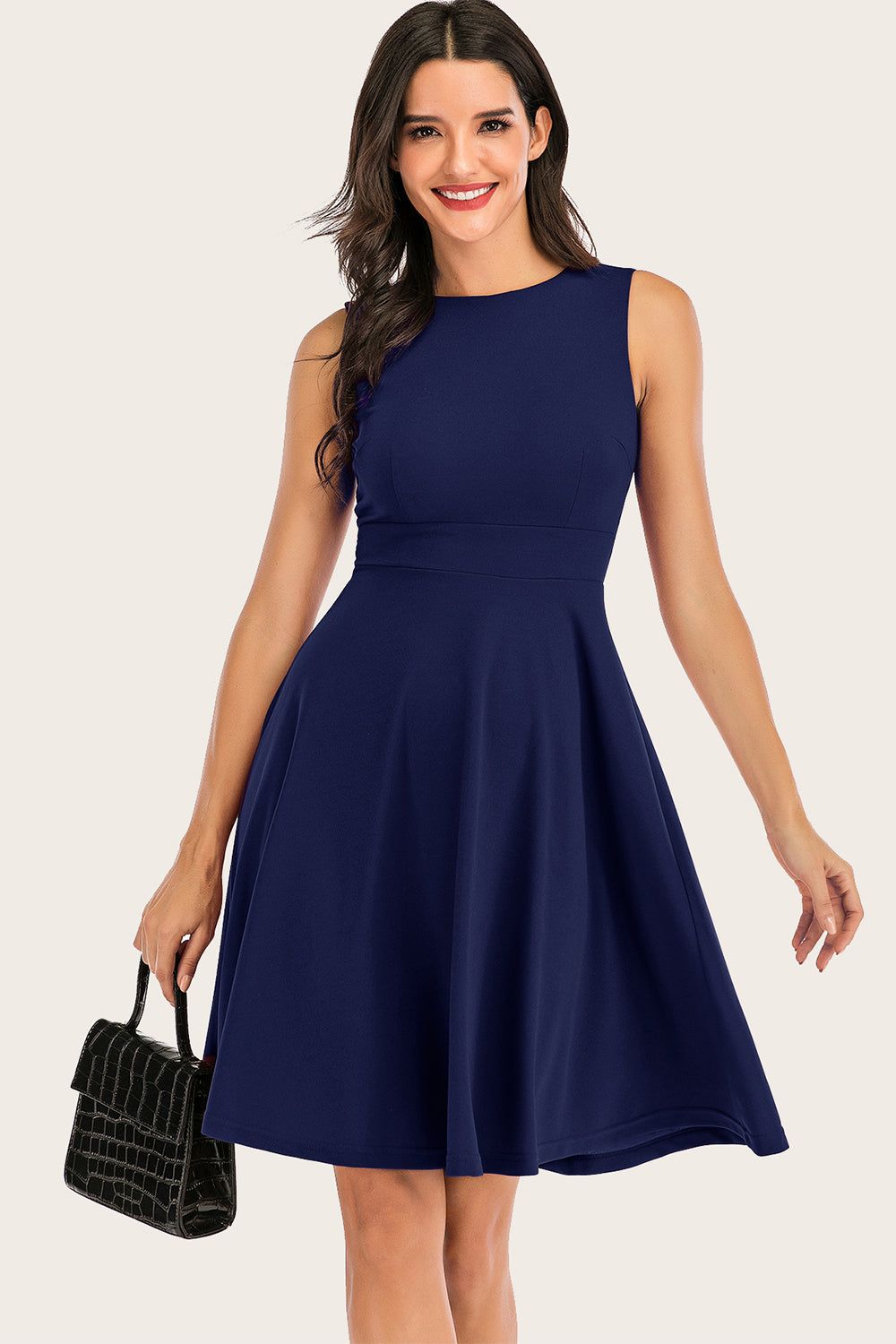 Navy Solid Sleeveless 1950s Swing Dress sold by Zapaka product image thumbnail 4