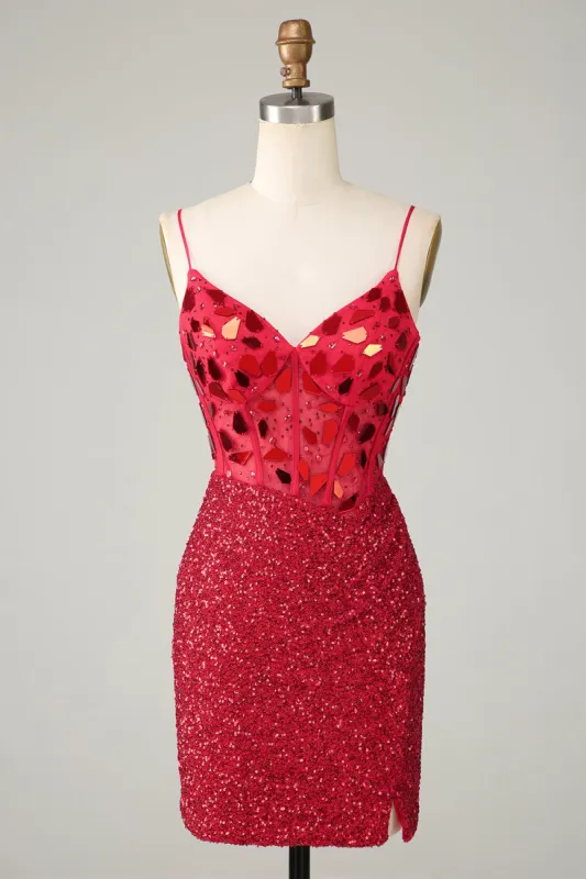 Sparkly Red Corset Sequin Mirror Tight Homecoming Dress with Slit sold by Zapaka