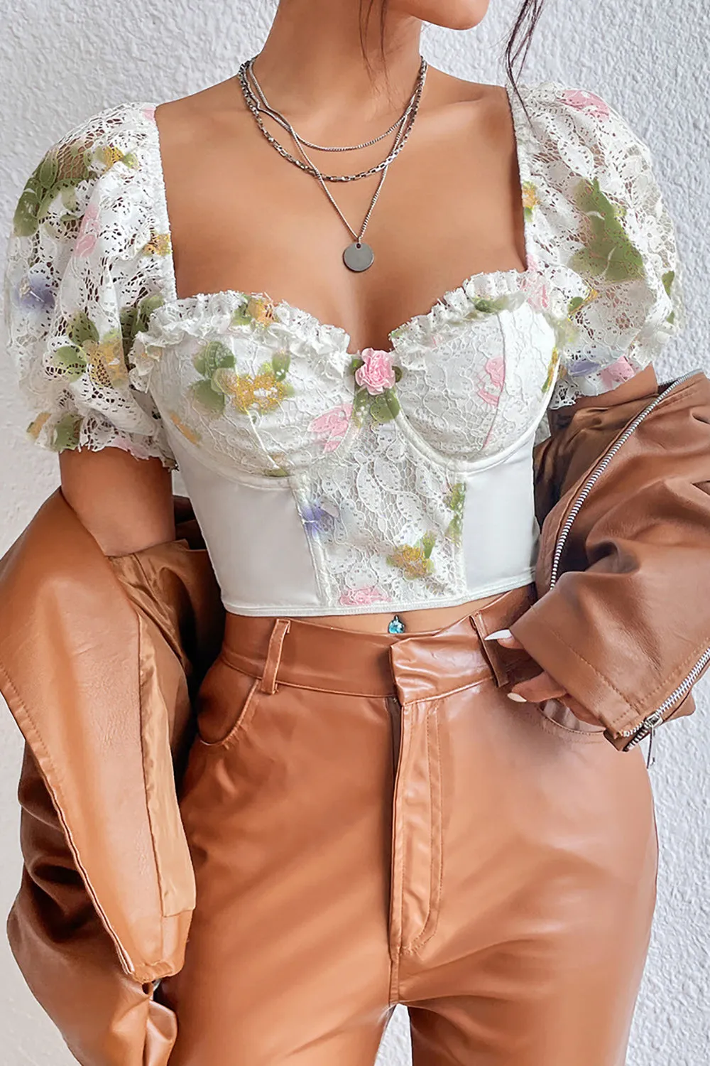 White Printed Corset Top with Puff Sleeves sold by Zapaka product image thumbnail 4