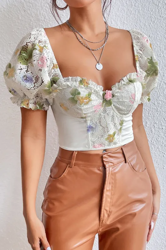 White Printed Corset Top with Puff Sleeves sold by Zapaka