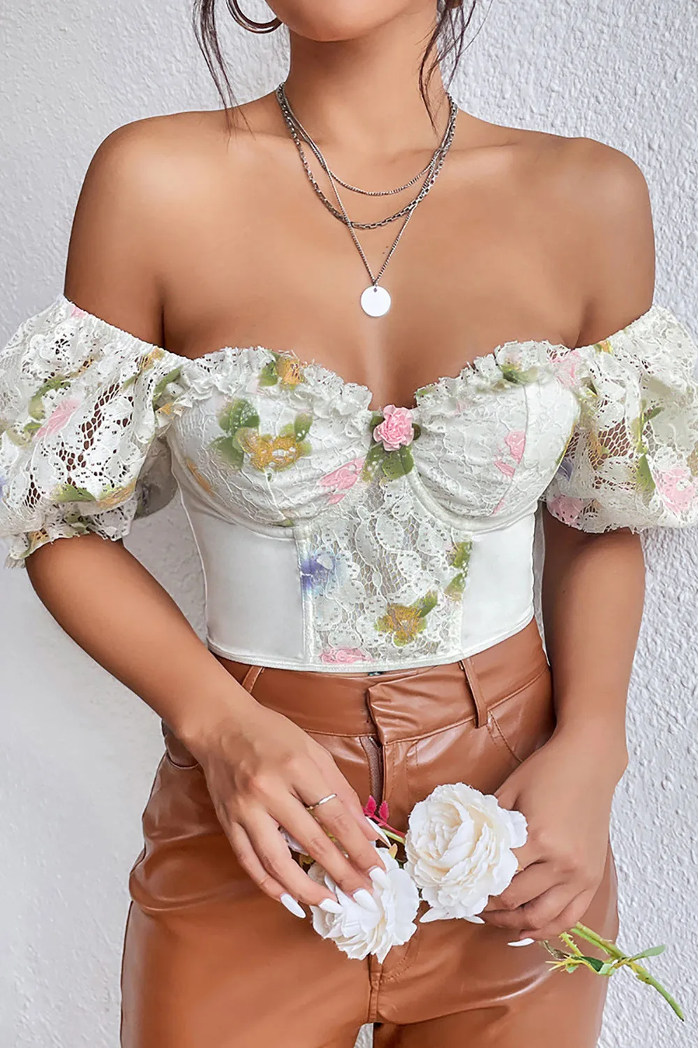 White Printed Corset Top with Puff Sleeves sold by Zapaka product image thumbnail 3