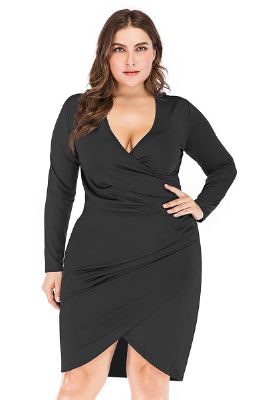 Bodycon V-Neck Plus Size Black Work Dress with Long Sleeves sold by Zapaka