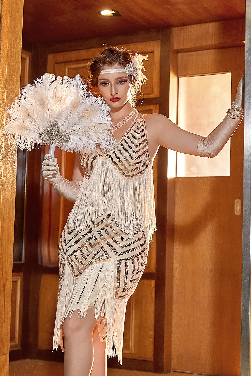 Champagne V-Neck Sequins 1920s Flapper Dress with Fringes sold by Zapaka product image thumbnail 5