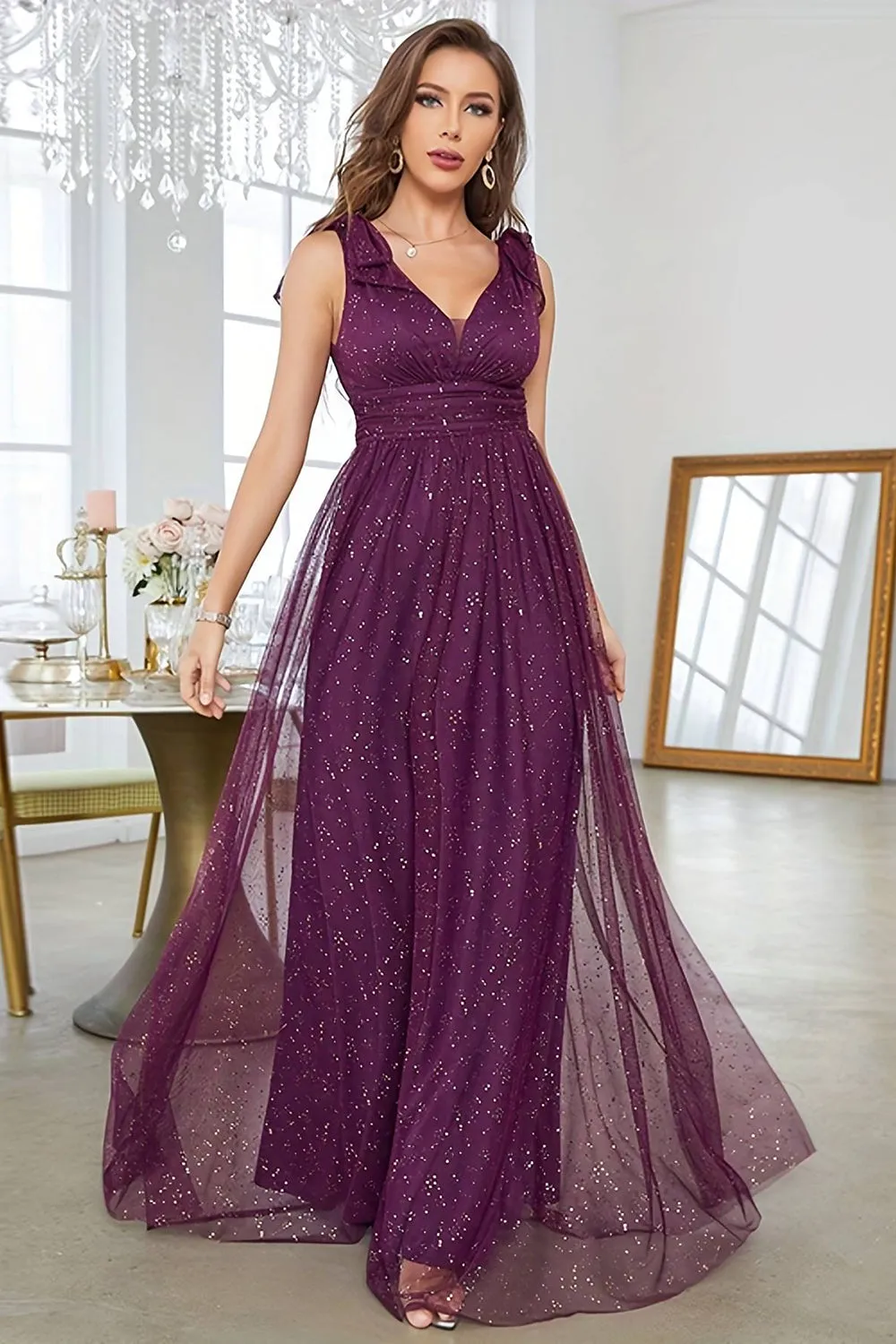 A-Line V-Neck Sequins Purple Prom Dress With Sleeveless sold by Zapaka product image thumbnail 3