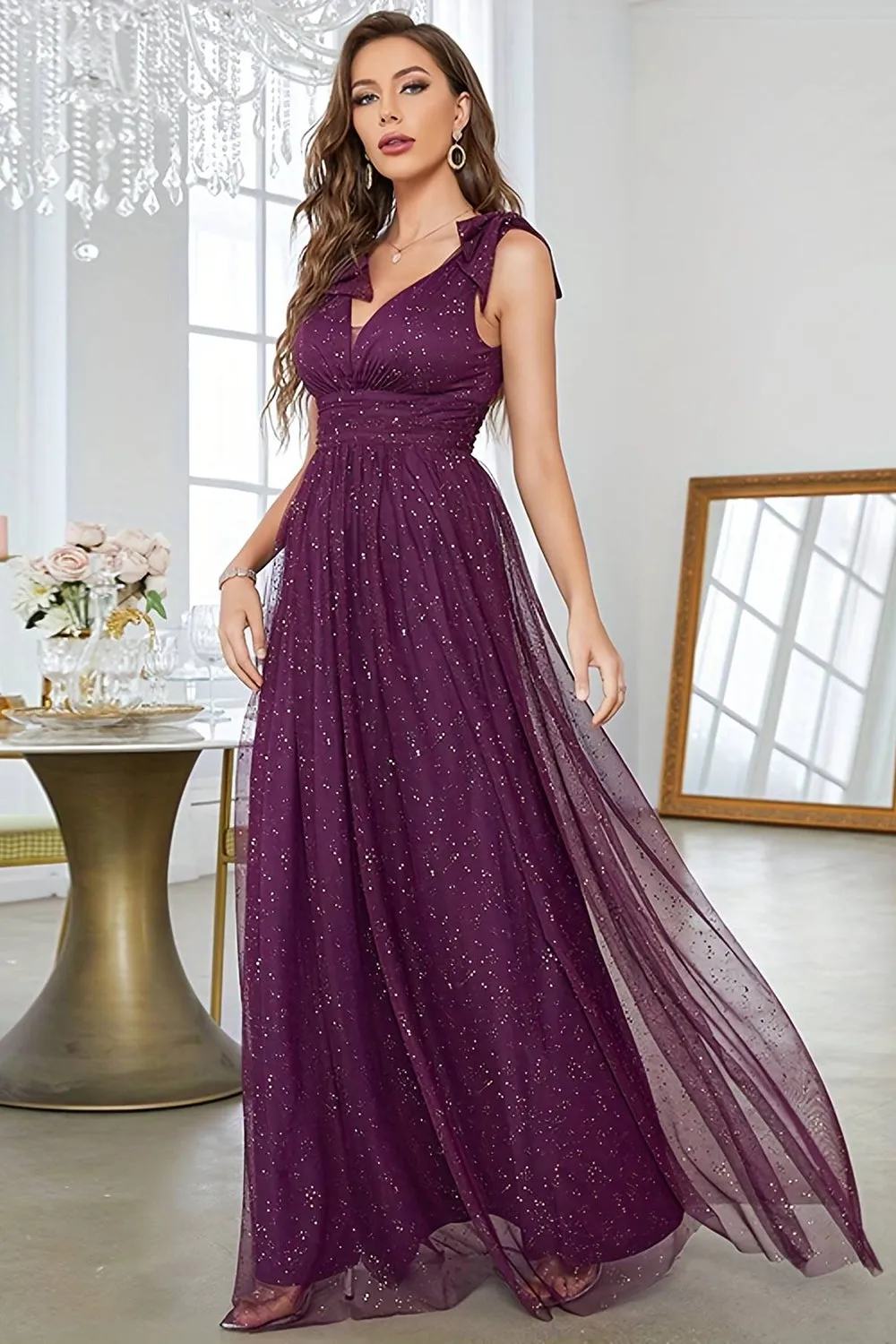 A-Line V-Neck Sequins Purple Prom Dress With Sleeveless sold by Zapaka product image thumbnail 4