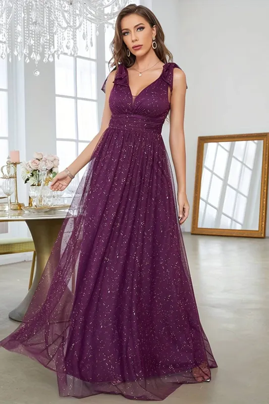 A-Line V-Neck Sequins Purple Prom Dress With Sleeveless sold by Zapaka