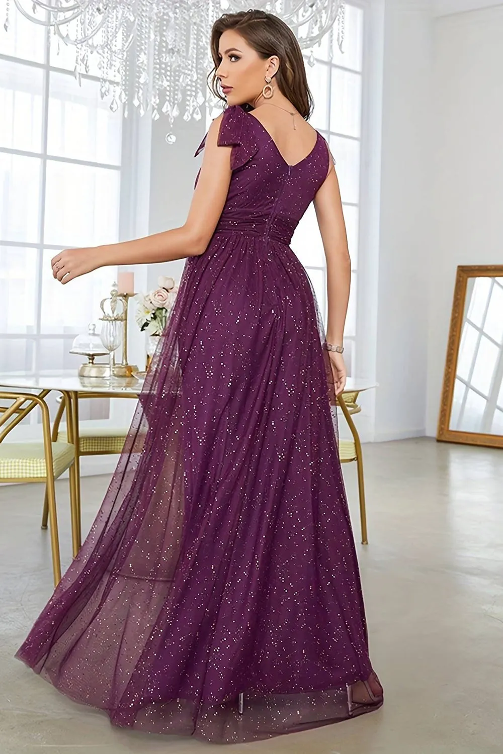 A-Line V-Neck Sequins Purple Prom Dress With Sleeveless sold by Zapaka product image thumbnail 2
