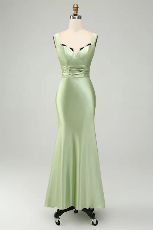 Green Satin Mermaid Long Bridesmaid Dress with Eyelash Lace sold by Zapaka