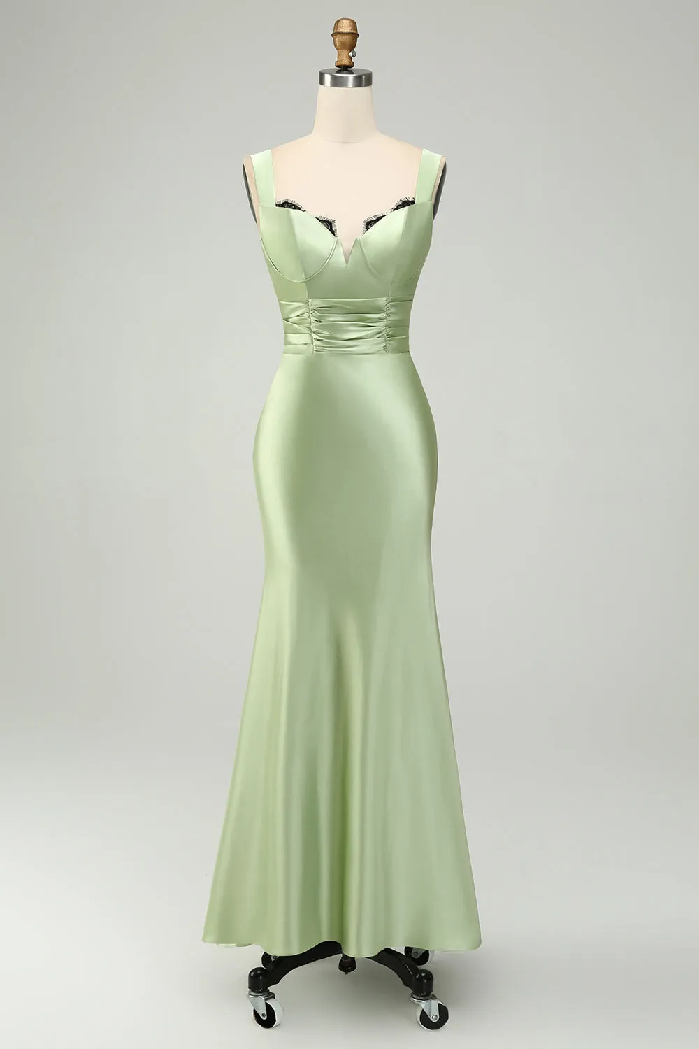 Green Satin Mermaid Long Bridesmaid Dress with Eyelash Lace sold by Zapaka