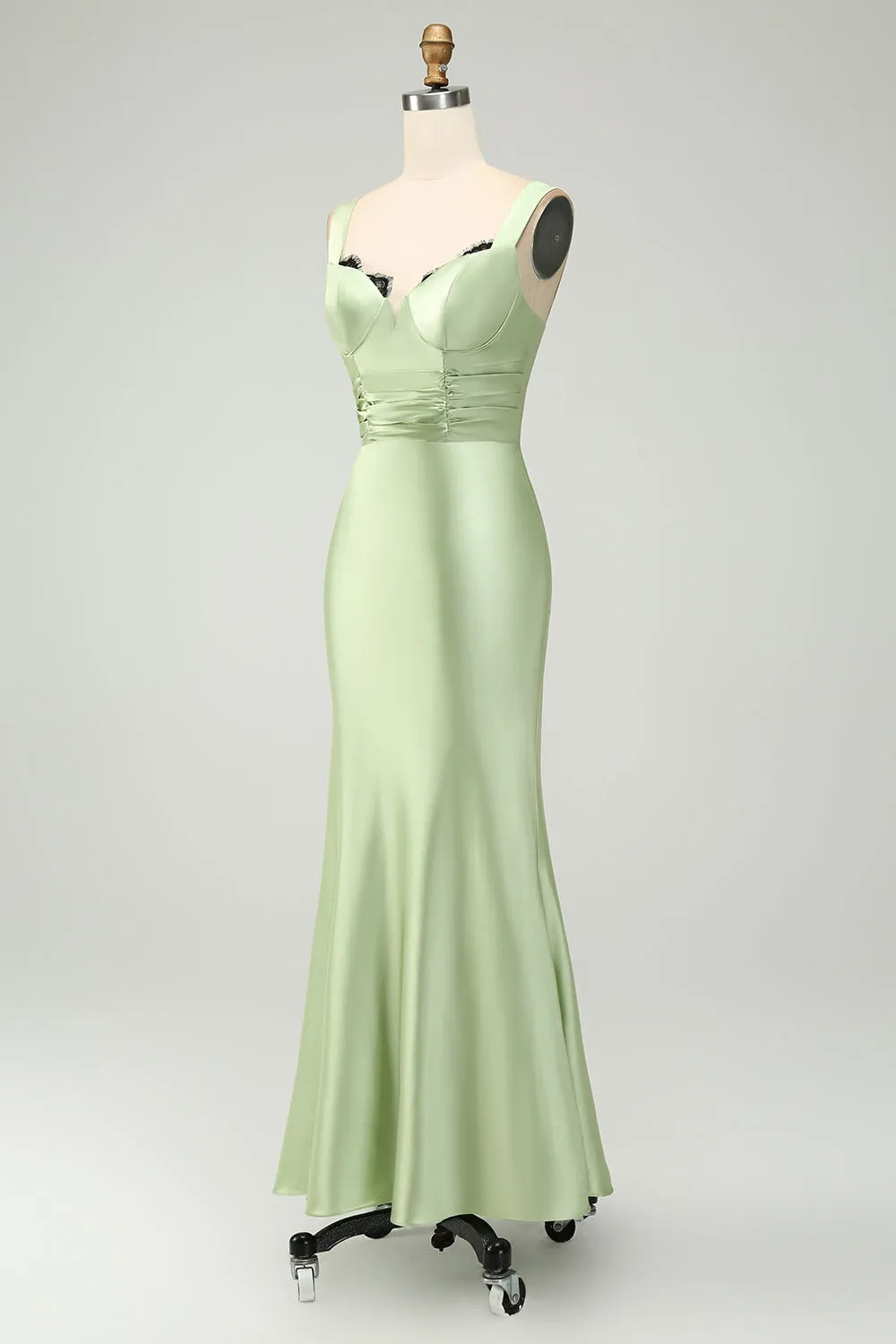 Green Satin Mermaid Long Bridesmaid Dress with Eyelash Lace sold by Zapaka product image thumbnail 3