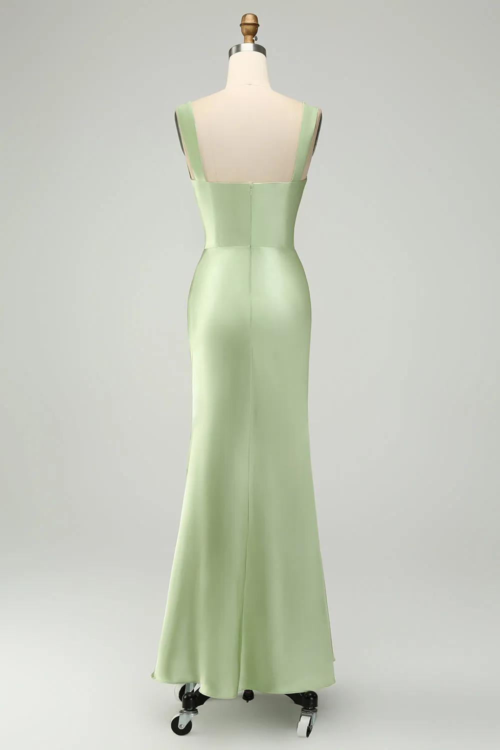 Green Satin Mermaid Long Bridesmaid Dress with Eyelash Lace sold by Zapaka product image thumbnail 2