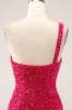 Sparkly Fuchsia Mermaid One Shoulder Long Sequin Prom Dress with Slit sold by Zapaka