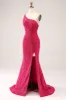 Sparkly Fuchsia Mermaid One Shoulder Long Sequin Prom Dress with Slit sold by Zapaka